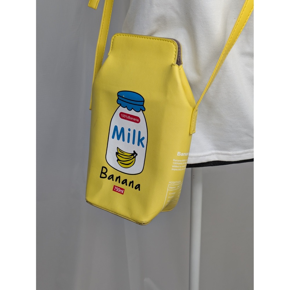 Banana Milk Carton Crossbody Bag Yellow Novelty Kawaii Purse Adjustable Strap
